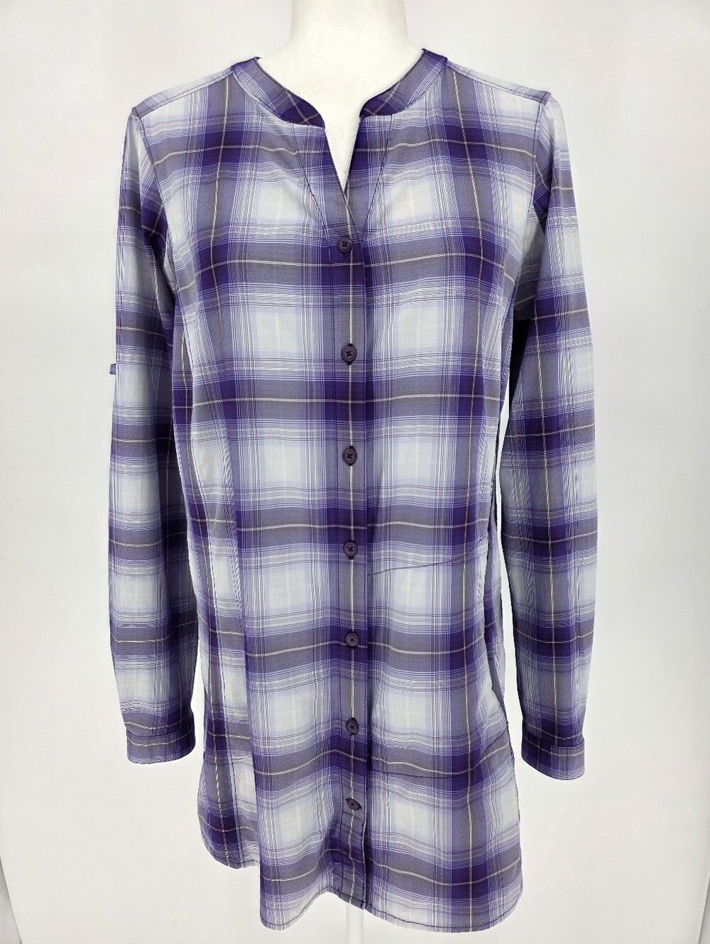 Duluth Trading Women’s Small Purple Plaid Vented Fishing Shirt Roll Tab Sleeve
